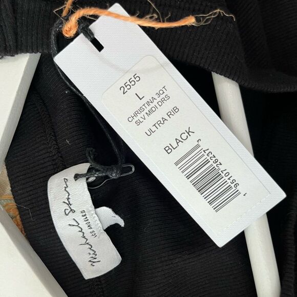 Nwt michael stars Christina Ribbed Midi Dress black quarter sleeve ruched - Picture 6 of 7